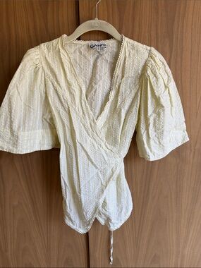 Ganni Yellow Seersucker Wrap Blouse